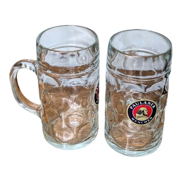 Pair Of Textured Glass 40 oz Paulaner Munchen Beer Mugs - Picture 1 of 8